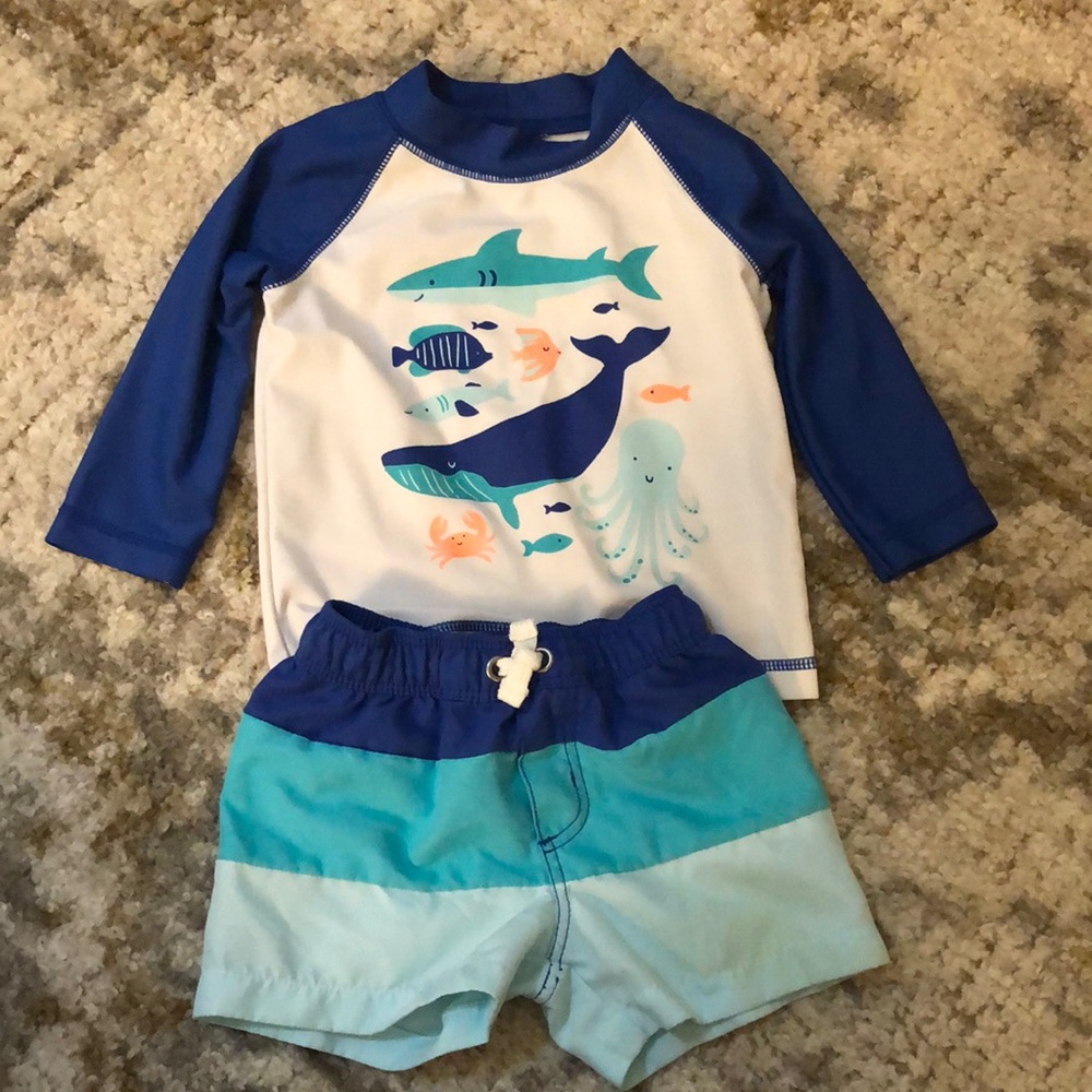 Baby boy swim suit and rash guard, good condition